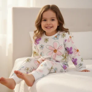 Bisiklet Yaka Çiçek Desenli Uzun Kollu Kız Çocuk Pijama Takımı - Görsel 3