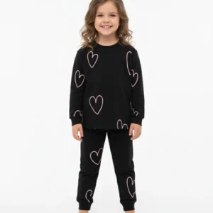 Bisiklet Yaka Siyah Uzun Kollu Kız Çocuk Pijama Takımı - Görsel 3