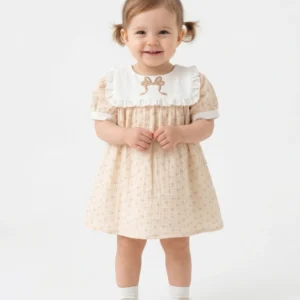 Kız Bebek Fiyonk Desenli Güpürlü Müslin Elbise
