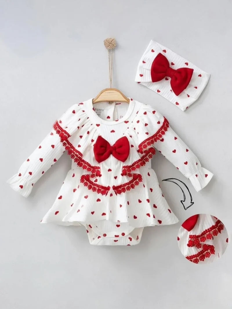 ACT2132-Kız-Bebek-Kalp-Desenli-Fiyonklu-Nakış-İşlemeli-Bandanalı-2li-Romper-Body-Zıbın-Elbise-aycata-baby-giyim-kıyafet