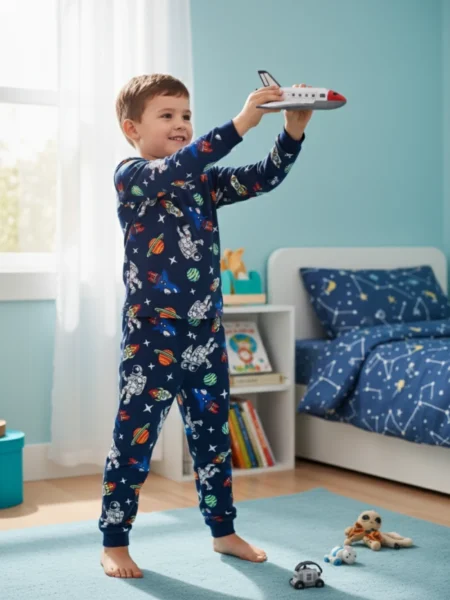 Bisiklet Yaka Uzay Temalı Uzun Kollu Erkek Çocuk Pijama Takımı