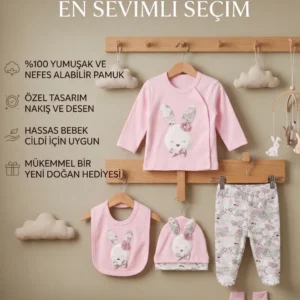 Çiçek Detaylı Tavşan Temalı Pembe Kız Bebek 5'li Hastane Çıkış Seti - Görsel 3