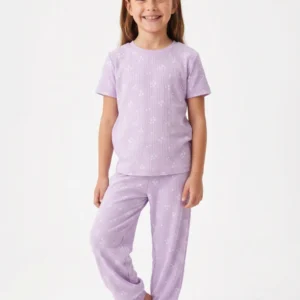 Çiçek Desenli Bisiklet Yaka Yazlık Kız Çocuk Pijama Takımı - Görsel 2