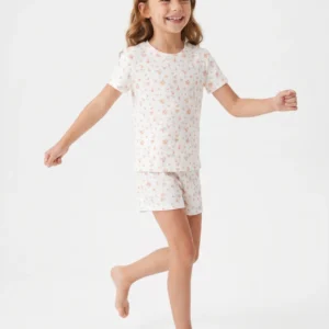 Çiçek Desenli Bisiklet Yaka Kısa Kollu Şortlu Kız Çocuk Pijama Takımı - Görsel 2